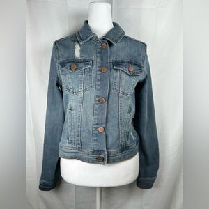 Joujou Denim Jacket Girls Size 14 Large Blue Distressed Cropped Button Front